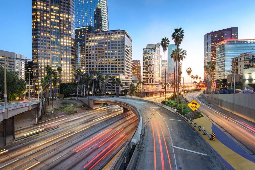 Downtown Los Angeles skyline at sunset