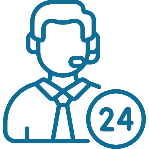 Icon representing a 24/7 customer support line, featuring a headset and clock symbol.
