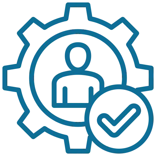 A gearwheel with a person icon and a checkmark, symbolizing teamwork and successful task completion.