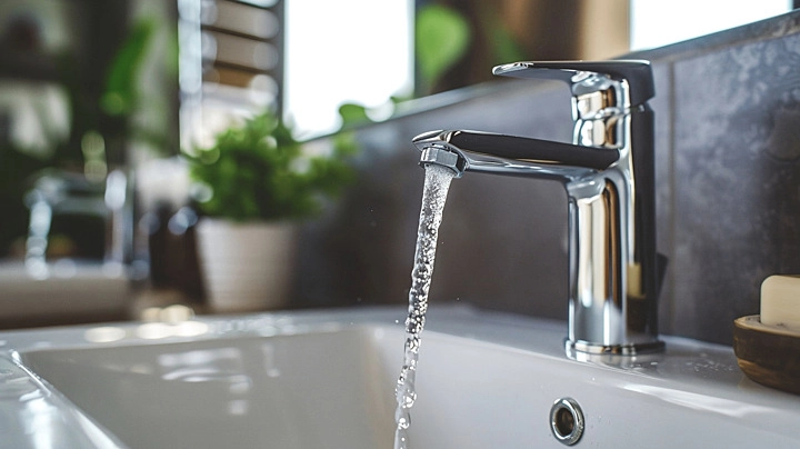 A modern bathroom sink with a sleek design, featuring a faucet running water into the basin.